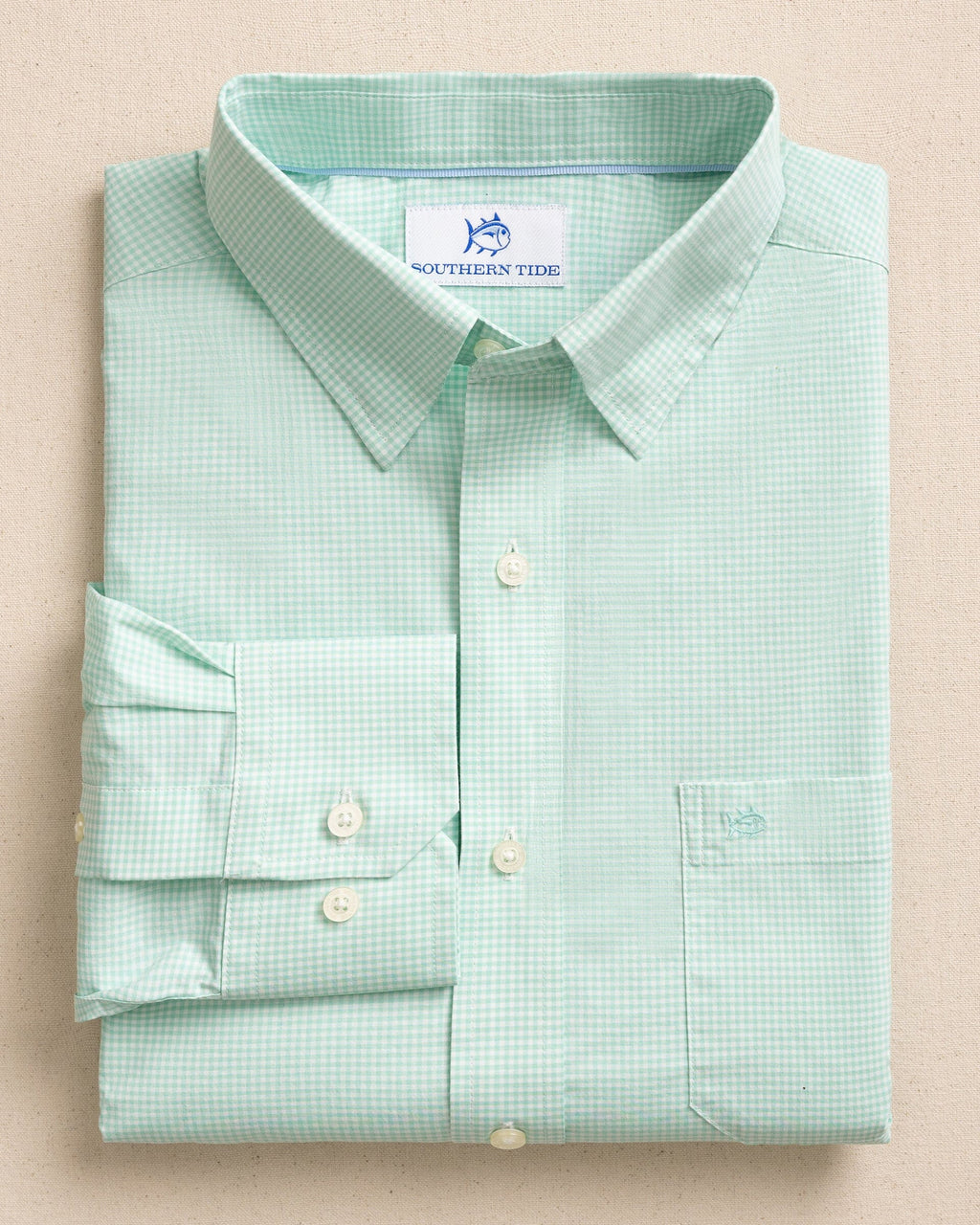 The front view of the Southern Tide Charleston Parkwood Microgingham Long Sleeve Sport Shirt by Southern Tide - Garden Grove