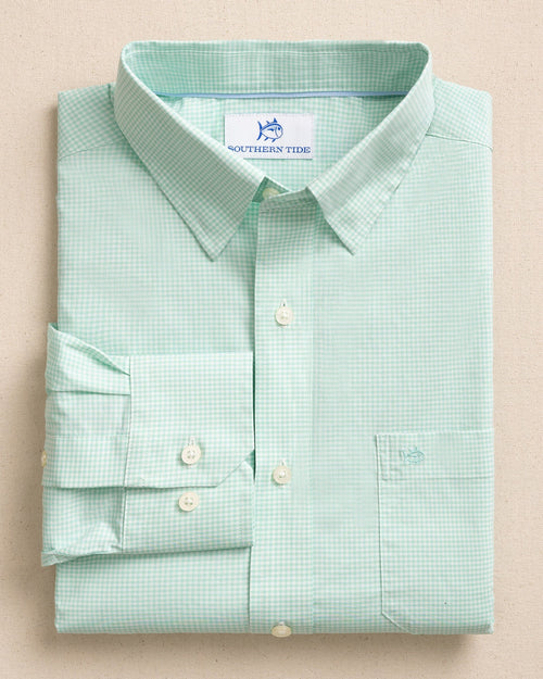 The front view of the Southern Tide Charleston Parkwood Microgingham Long Sleeve Sport Shirt by Southern Tide - Garden Grove