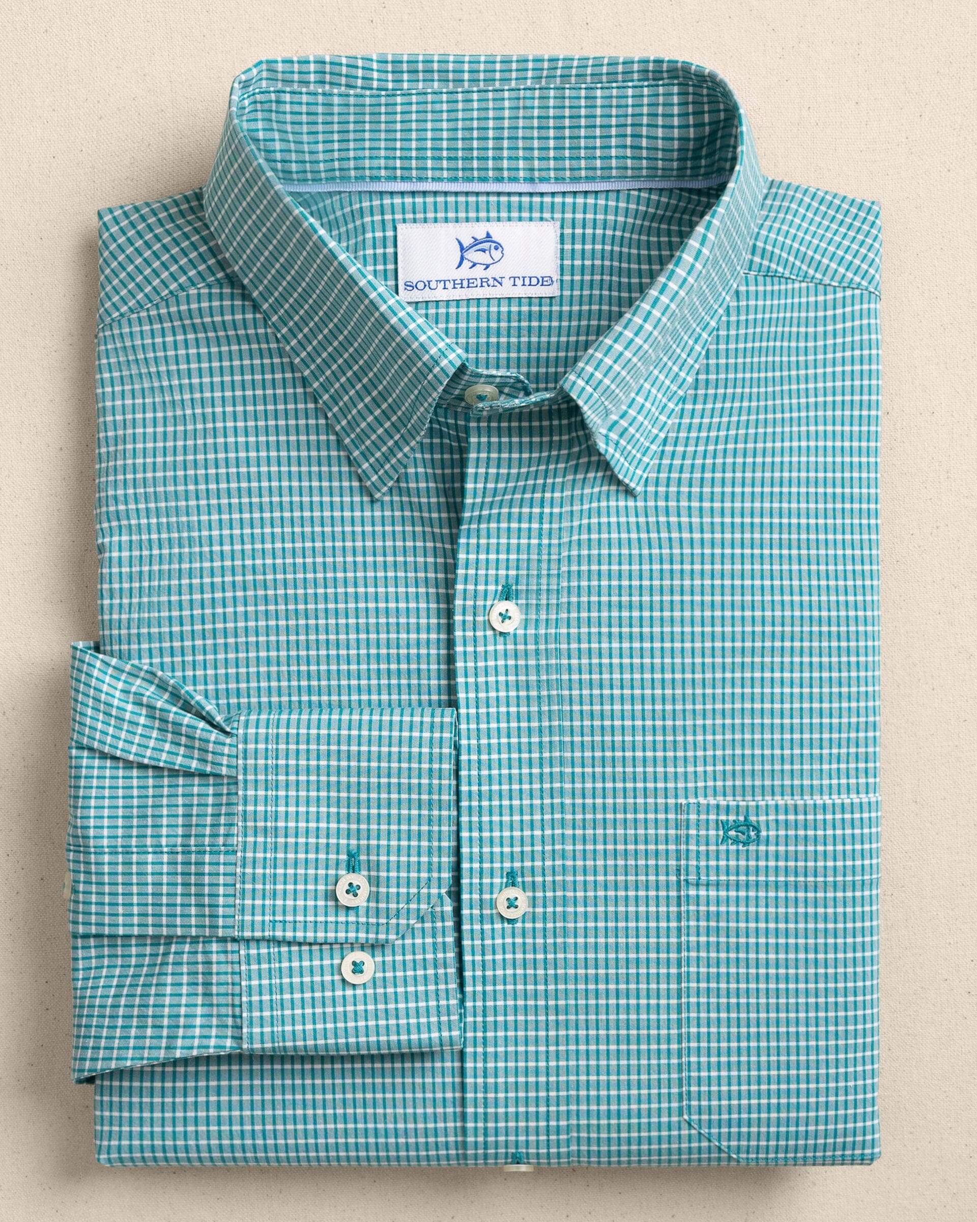 The front view of the Southern Tide Crofton Plaid Charleston Sport Shirt by Southern Tide - Spruce Shade